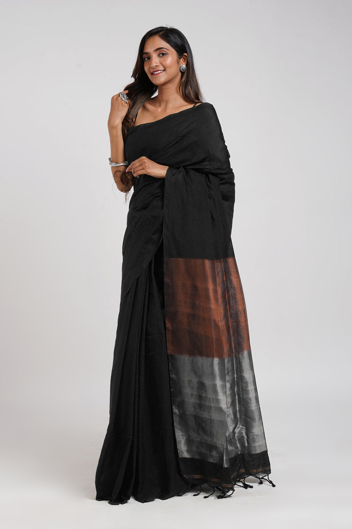 Teejh Dusk and Dawn Black Hand Woven Cotton Tissue  Saree with Blouse Piece