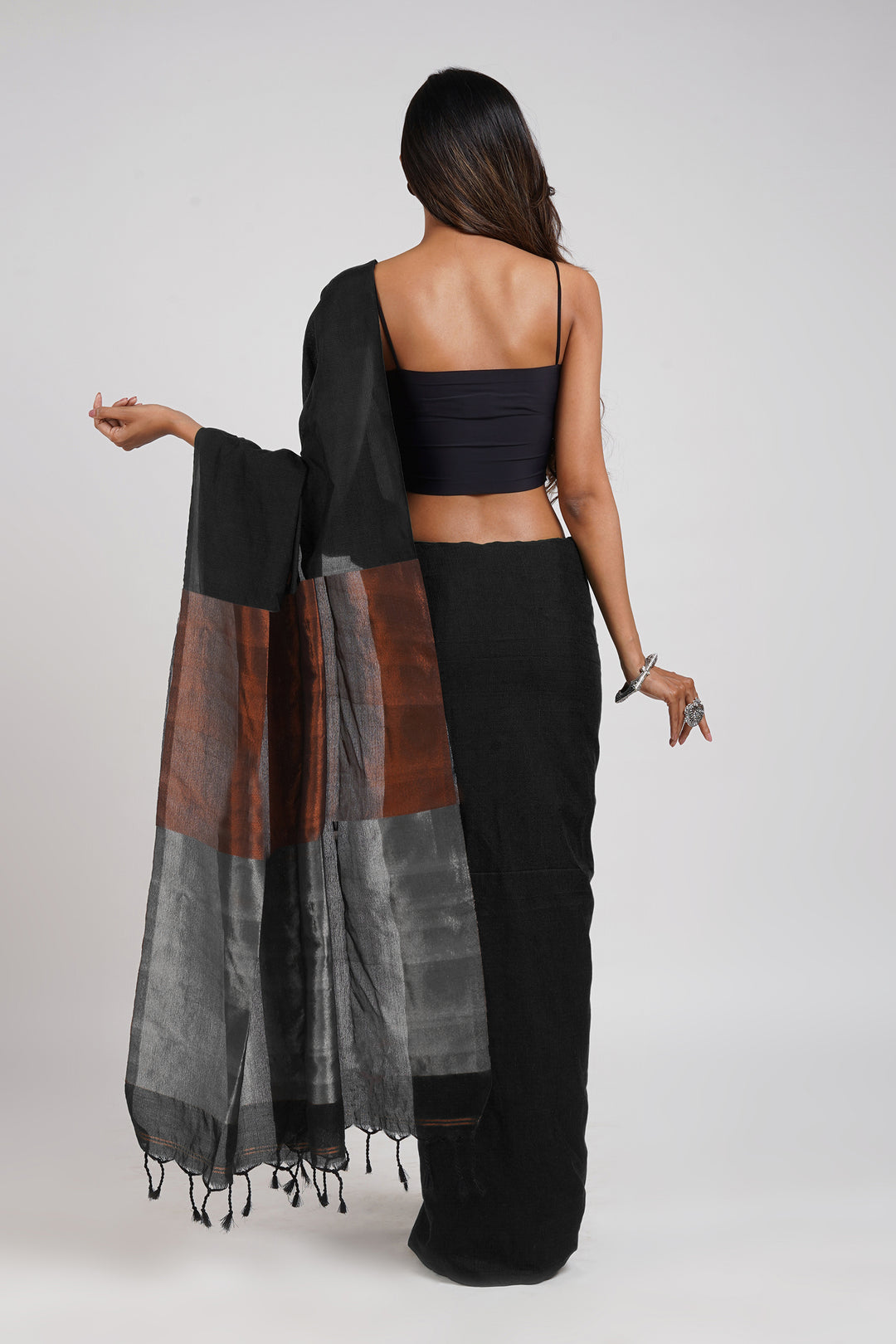 Teejh Dusk and Dawn Black Hand Woven Cotton Tissue  Saree with Blouse Piece