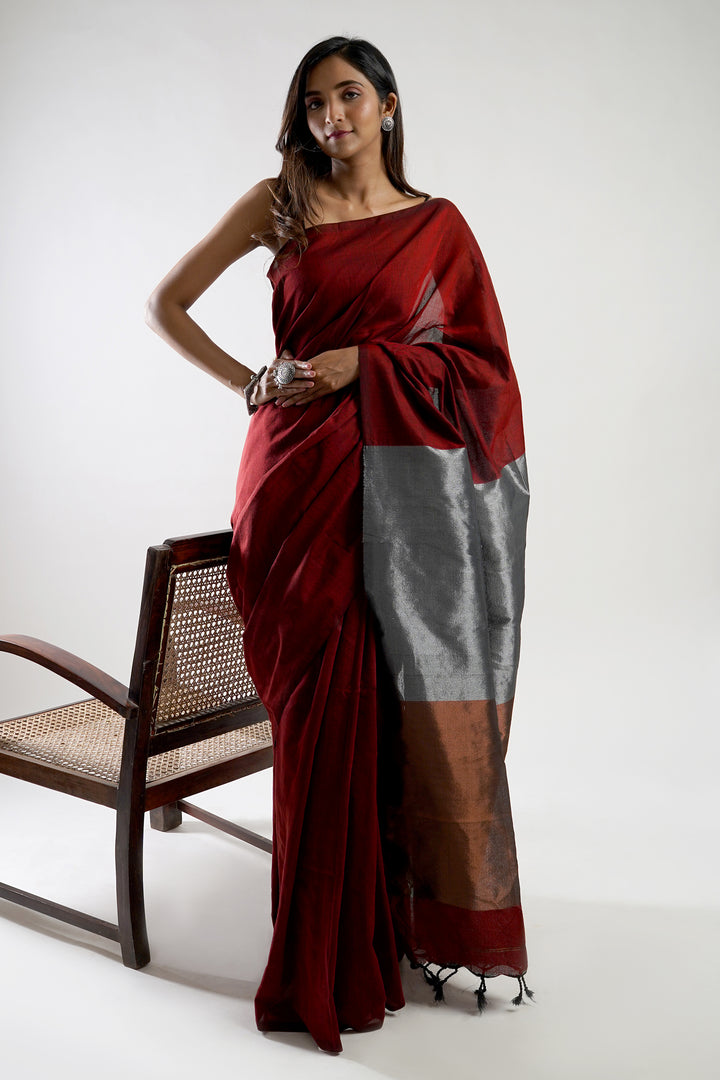 Teejh Urja Maroon Hand Woven Cotton Tissue  Saree with Blouse Piece