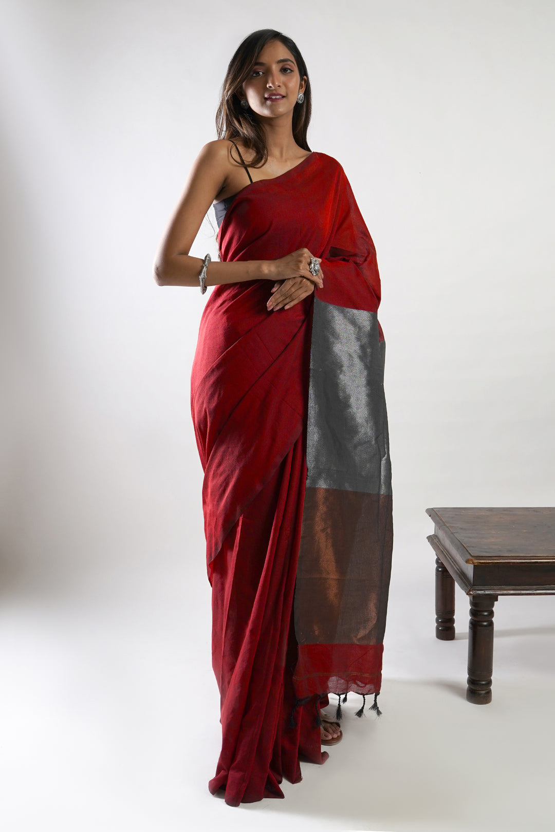 Teejh Urja Maroon Hand Woven Cotton Tissue  Saree with Blouse Piece