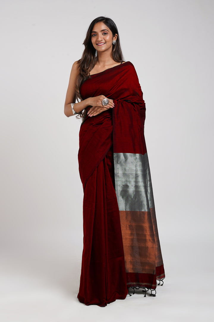 Teejh Urja Maroon Hand Woven Cotton Tissue  Saree with Blouse Piece