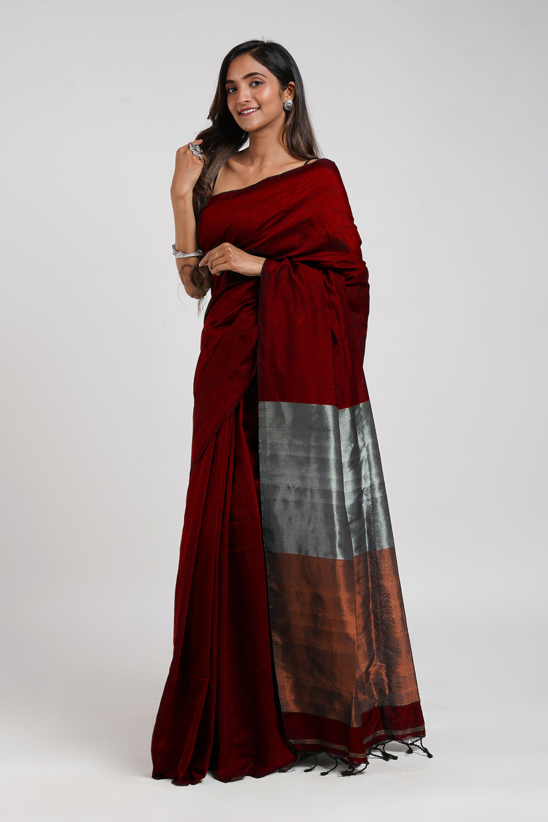 Teejh Urja Maroon Hand Woven Cotton Tissue  Saree with Blouse Piece