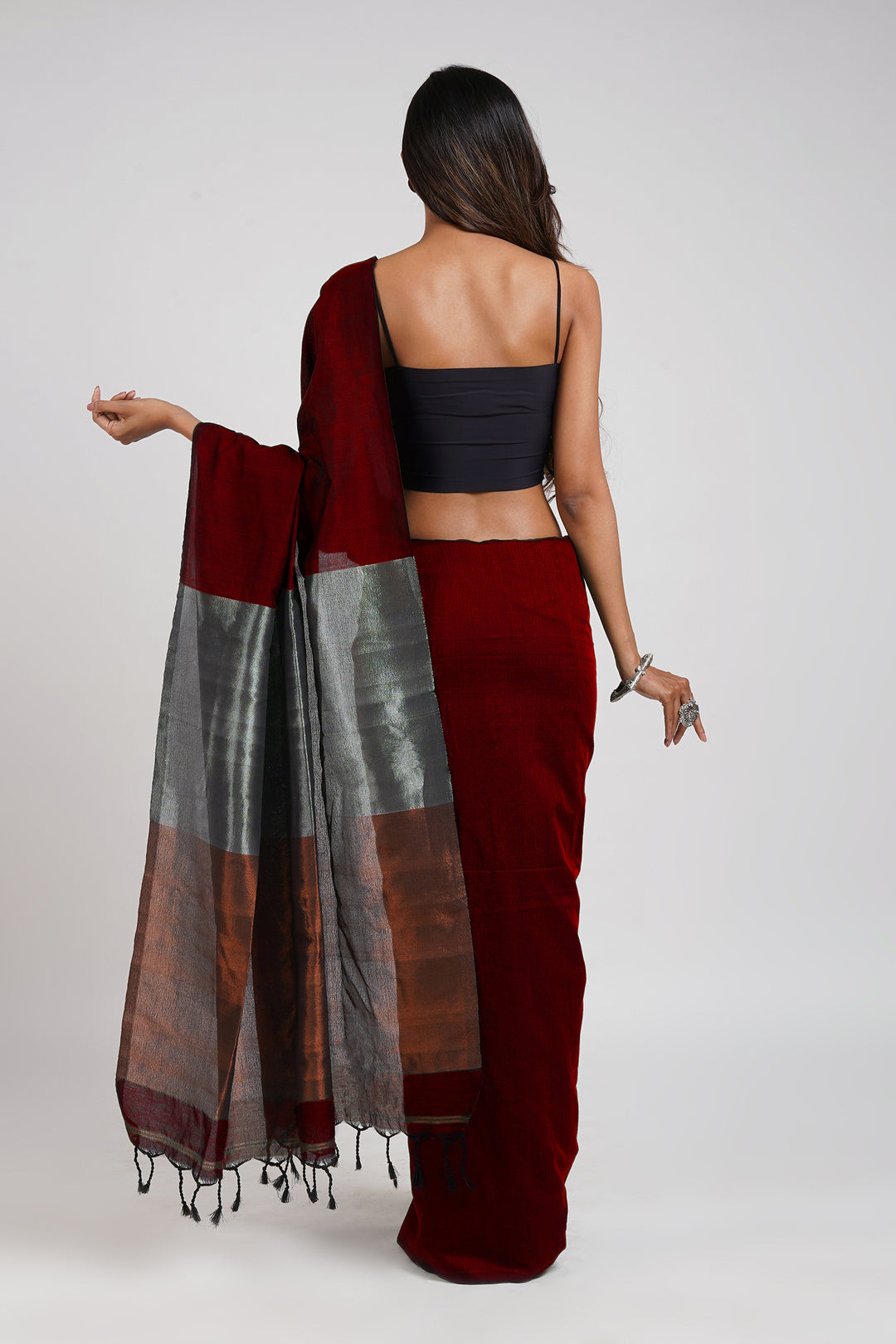 Teejh Urja Maroon Hand Woven Cotton Tissue  Saree with Blouse Piece