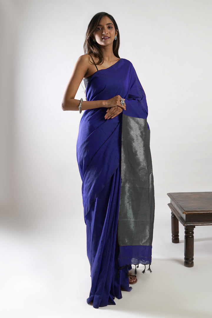Teejh Nysaa Navy Blue Hand Woven Cotton Tissue Weaving Saree with Blouse Piece