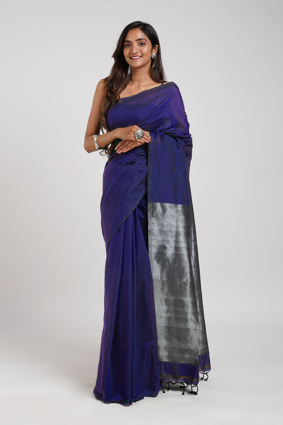 Teejh Nysaa Navy Blue Hand Woven Cotton Tissue Weaving Saree with Blouse Piece
