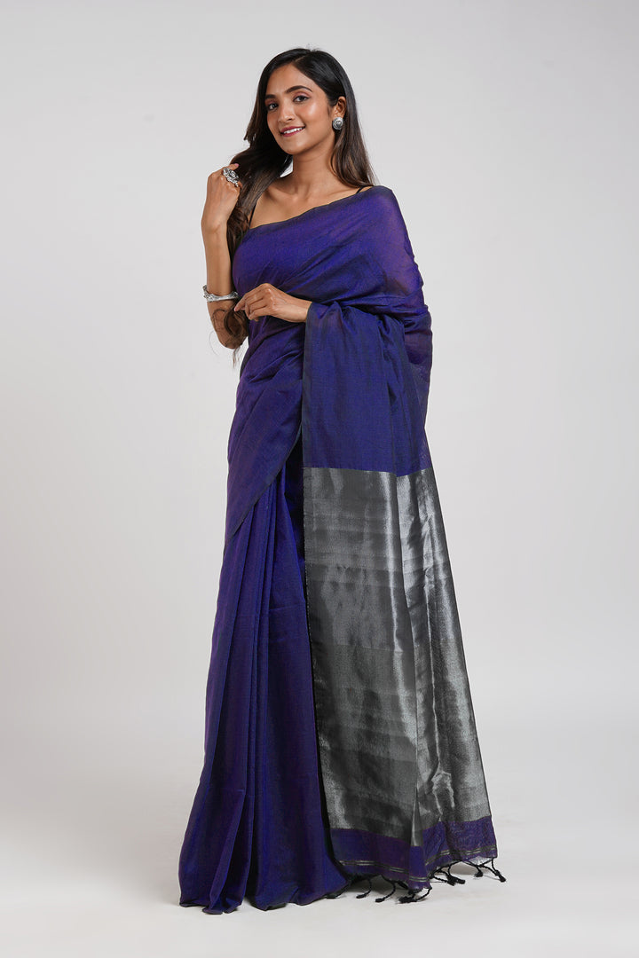 Teejh Nysaa Navy Blue Hand Woven Cotton Tissue Weaving Saree with Blouse Piece