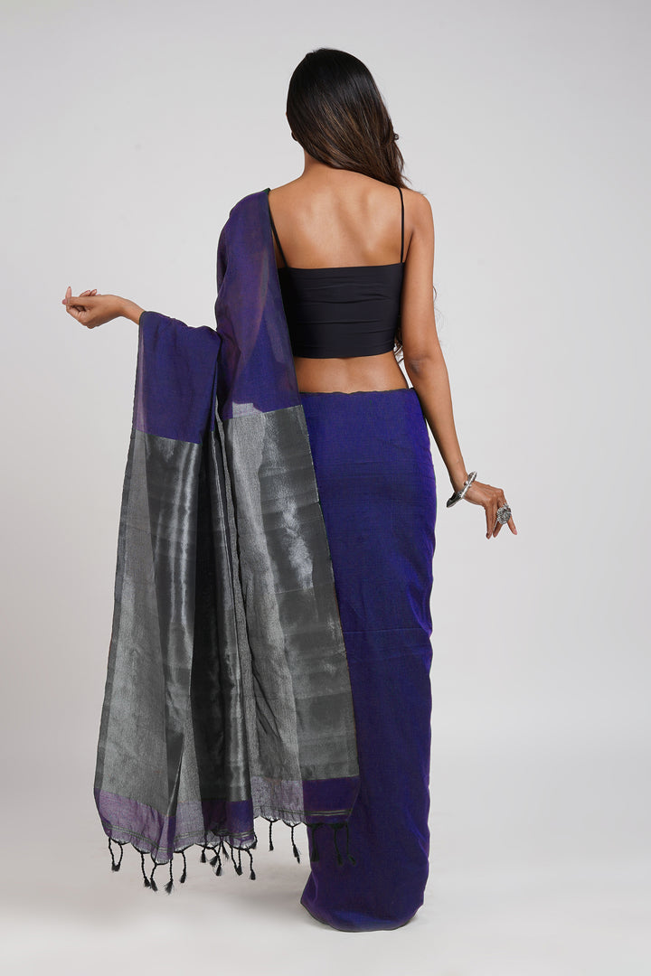 Teejh Nysaa Navy Blue Hand Woven Cotton Tissue Weaving Saree with Blouse Piece