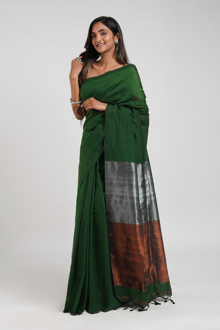 Teejh Ovyaa Dark Green Hand Woven Tissue Weaving Saree with Blouse Piece