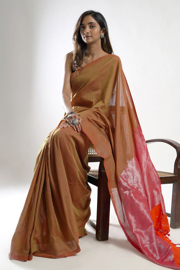 Teejh Lush Meadows Moss Green Hand Woven Tissue  Saree With Blouse Piece