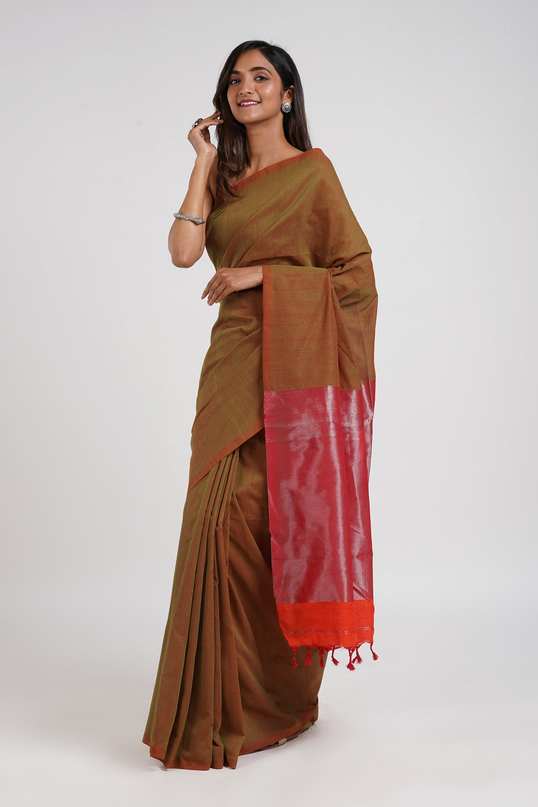 Teejh Lush Meadows Moss Green Hand Woven Tissue  Saree With Blouse Piece