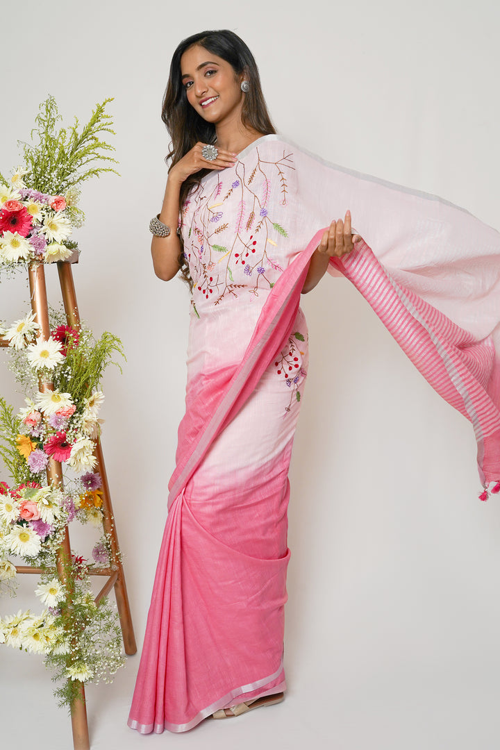 Teejh Spring Sunshine Light Pink Linen Saree With Blouse Piece
