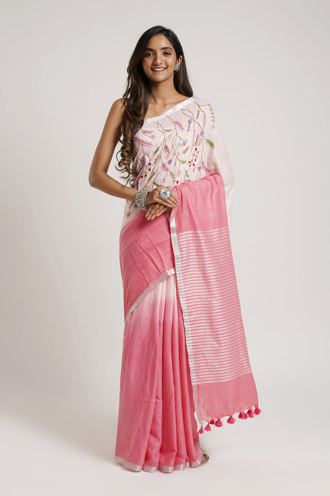 Teejh Spring Sunshine Light Pink Linen Saree With Blouse Piece