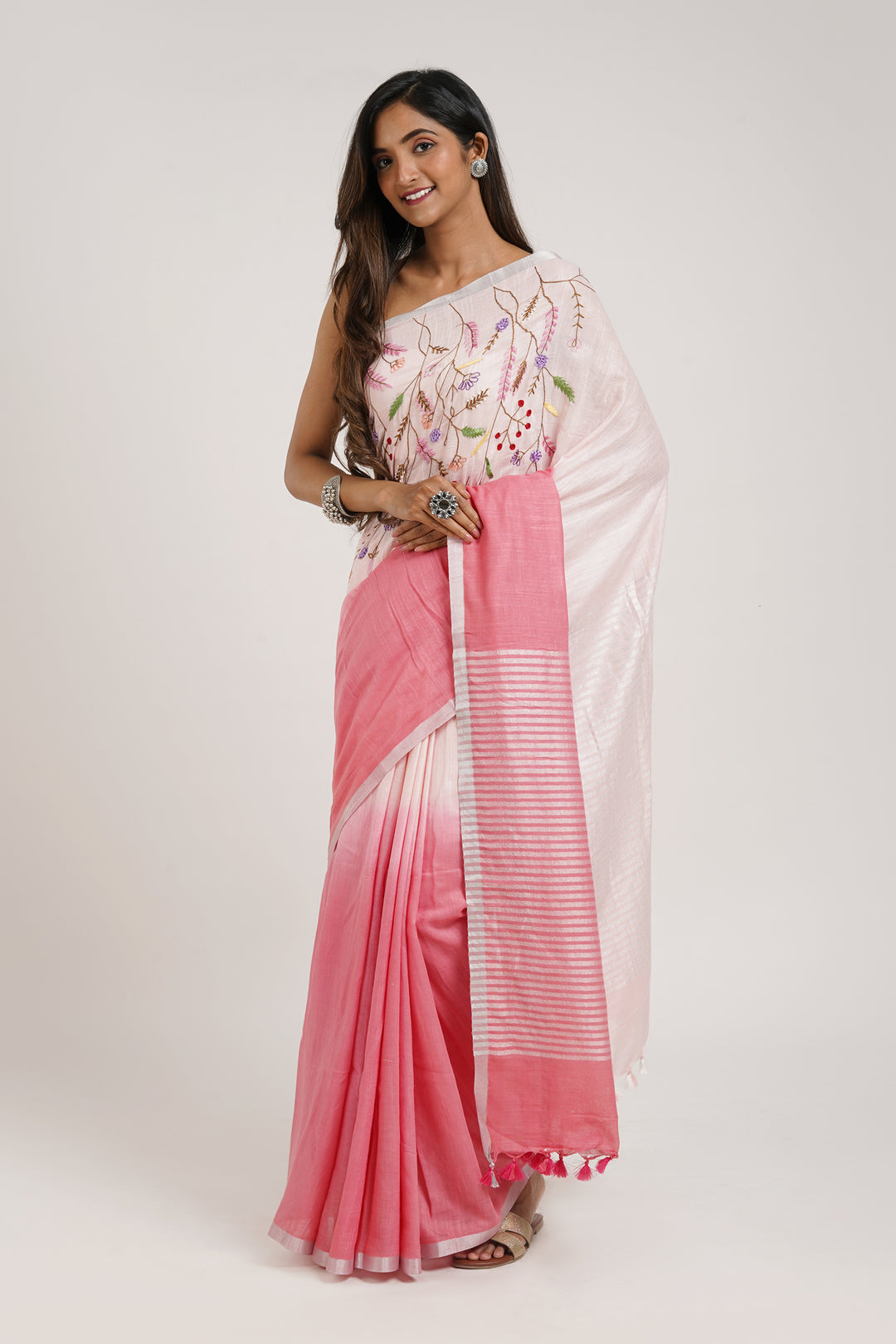 Teejh Spring Sunshine Light Pink Linen Saree With Blouse Piece