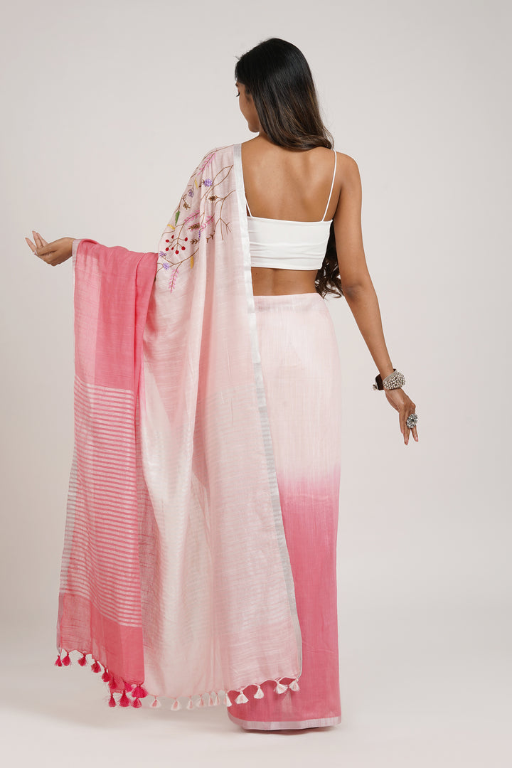 Teejh Spring Sunshine Light Pink Linen Saree With Blouse Piece