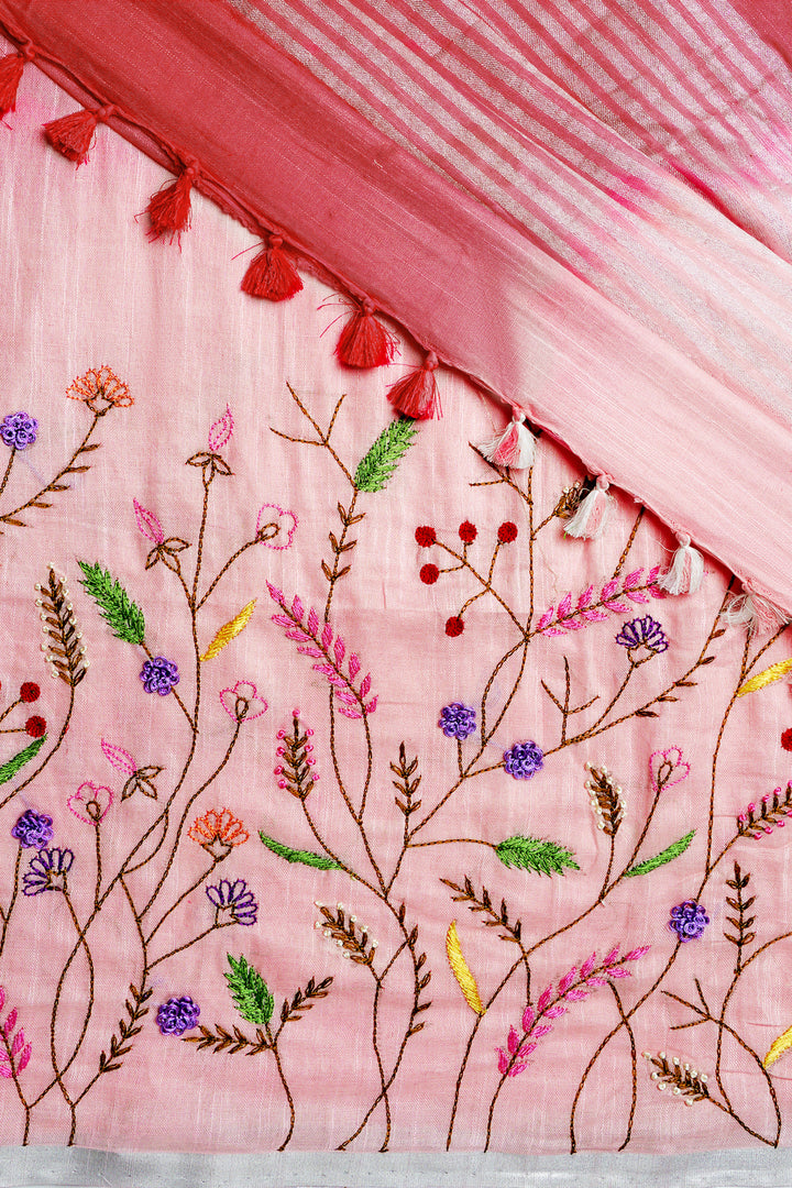Teejh Spring Sunshine Light Pink Linen Saree With Blouse Piece