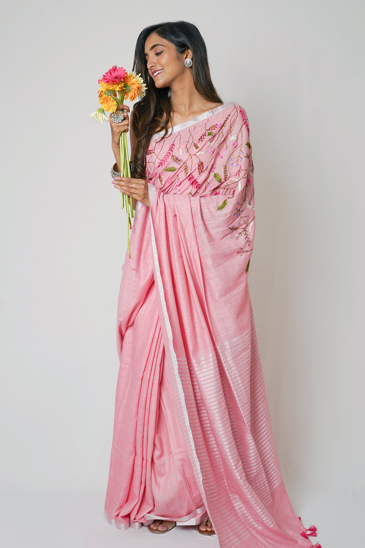Teejh Powder Pink Crush  Light Pink Linen Saree with Blouse  Piece