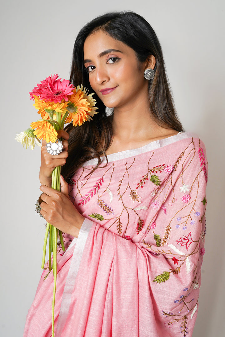 Teejh Powder Pink Crush  Light Pink Linen Saree with Blouse  Piece