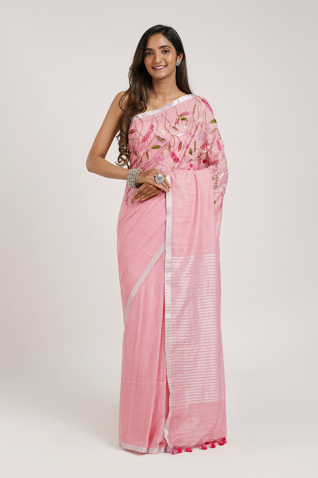 Teejh Powder Pink Crush  Light Pink Linen Saree with Blouse  Piece