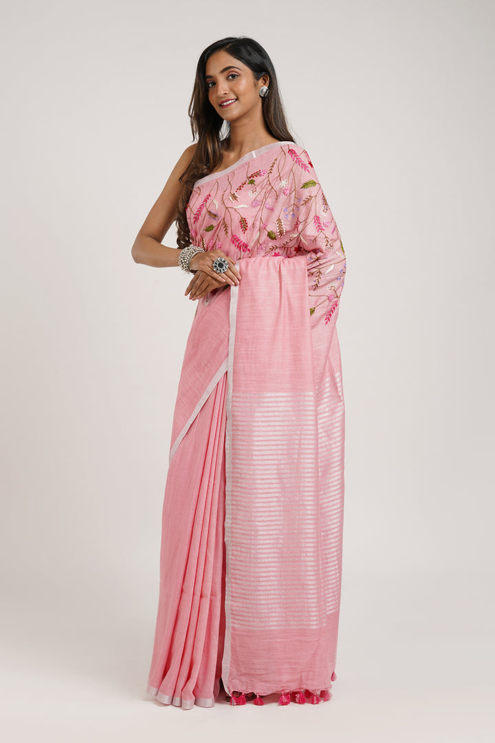 Teejh Powder Pink Crush  Light Pink Linen Saree with Blouse  Piece