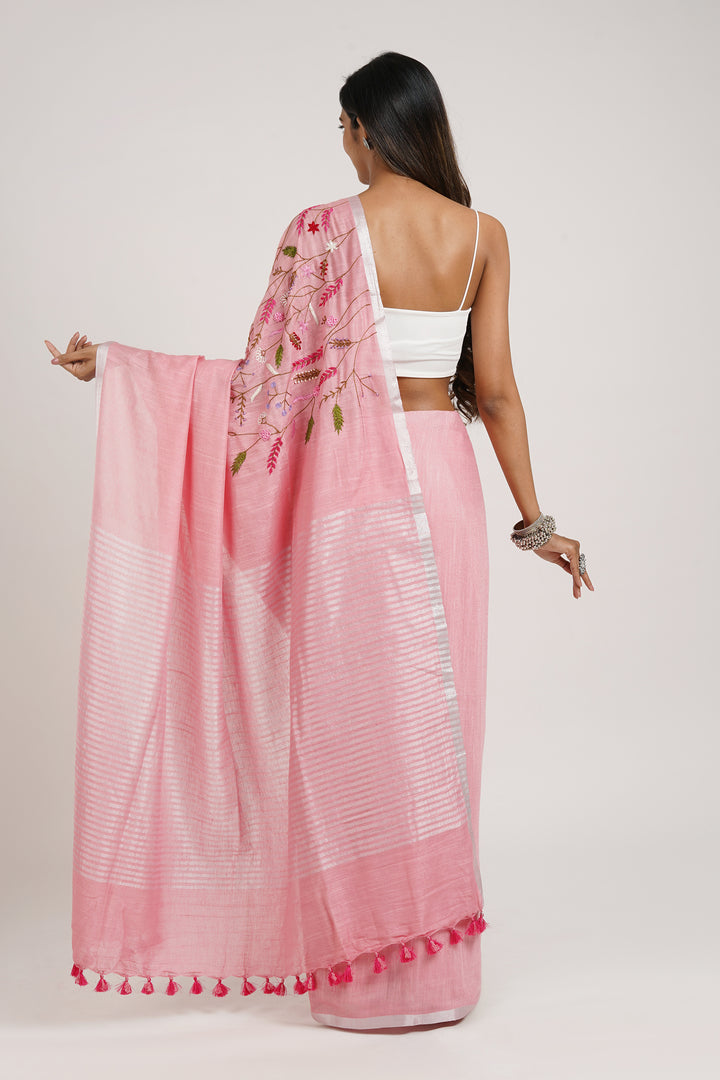 Teejh Powder Pink Crush  Light Pink Linen Saree with Blouse  Piece