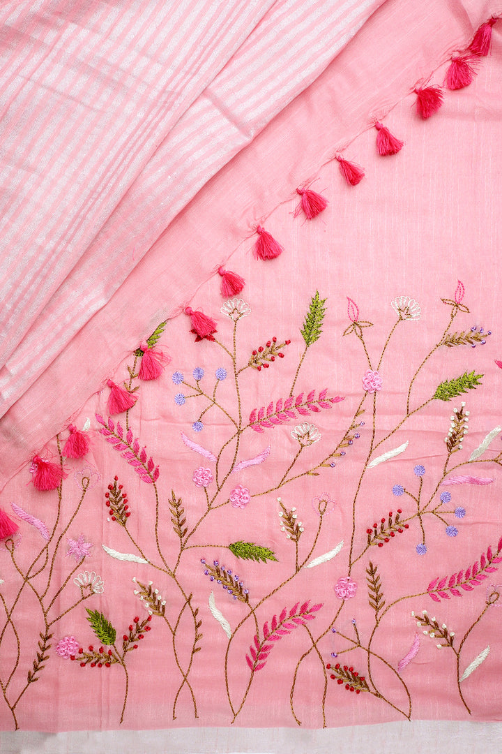 Teejh Powder Pink Crush  Light Pink Linen Saree with Blouse  Piece
