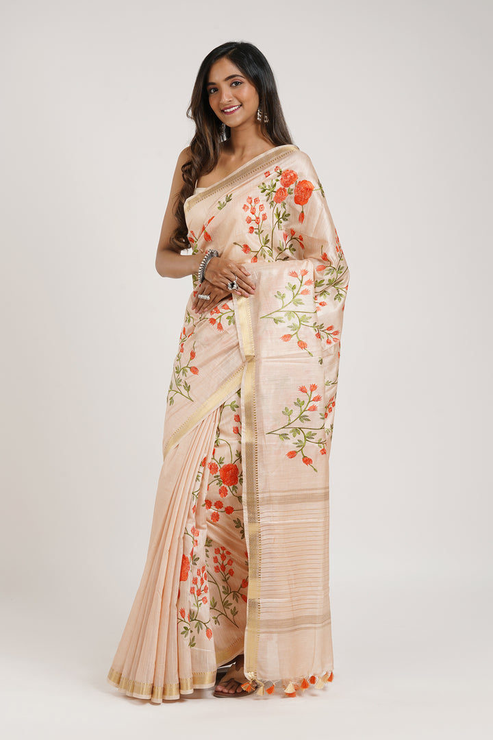 Teejh Gulrang Cream and Pink Silk Linen Saree with Blouse Piece