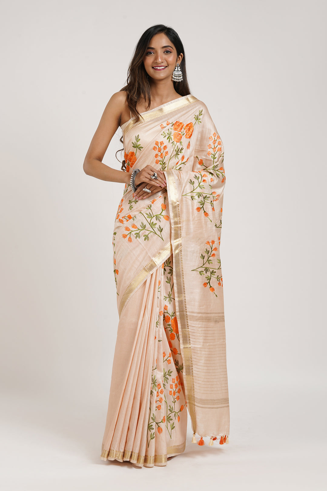 Teejh Gulrang Cream and Orange Silk Linen Saree with Blouse Piece