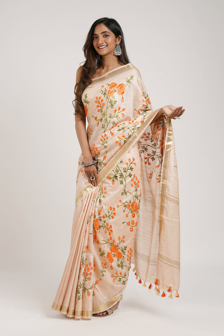 Teejh Gulrang Cream and Orange Silk Linen Saree with Blouse Piece