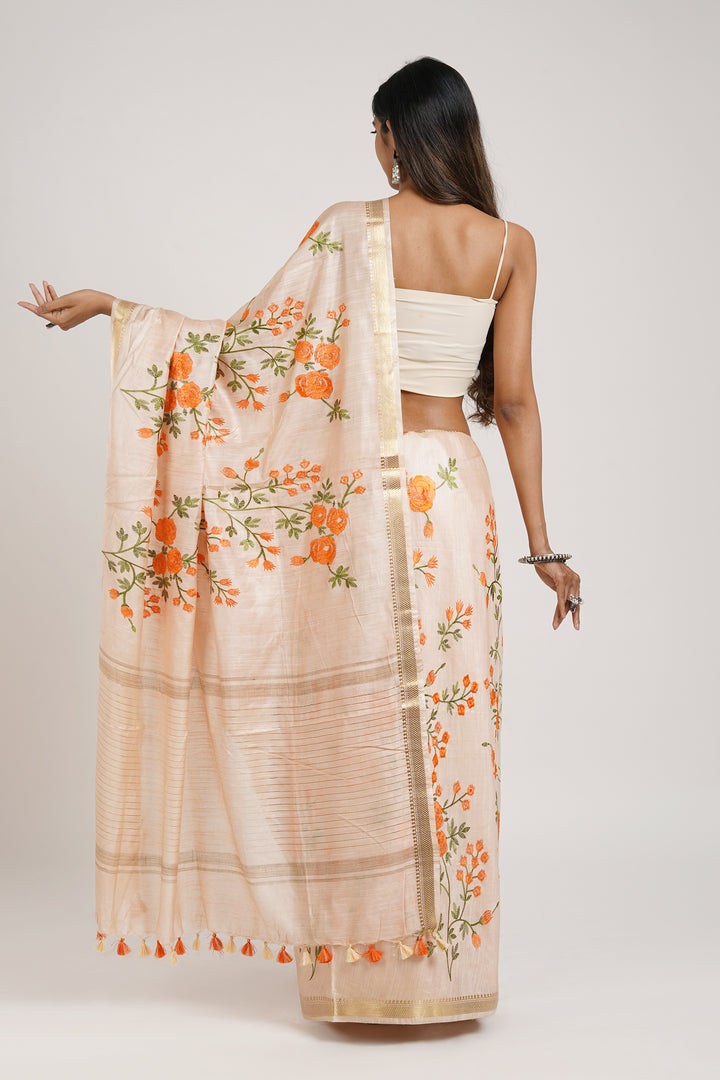 Teejh Gulrang Cream and Orange Silk Linen Saree with Blouse Piece