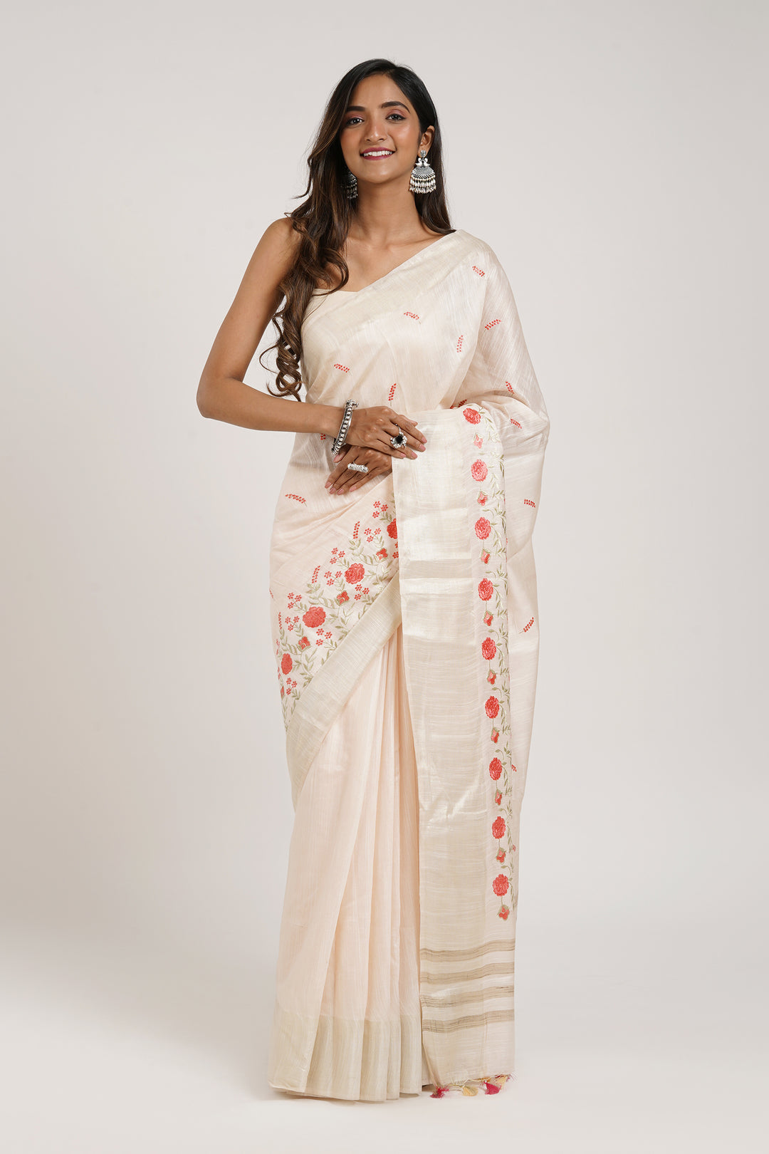 Teejh Batika Cream Pure Silk Linen Saree with Blouse Piece