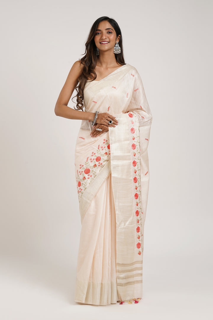 Teejh Batika Cream Pure Silk Linen Saree with Blouse Piece