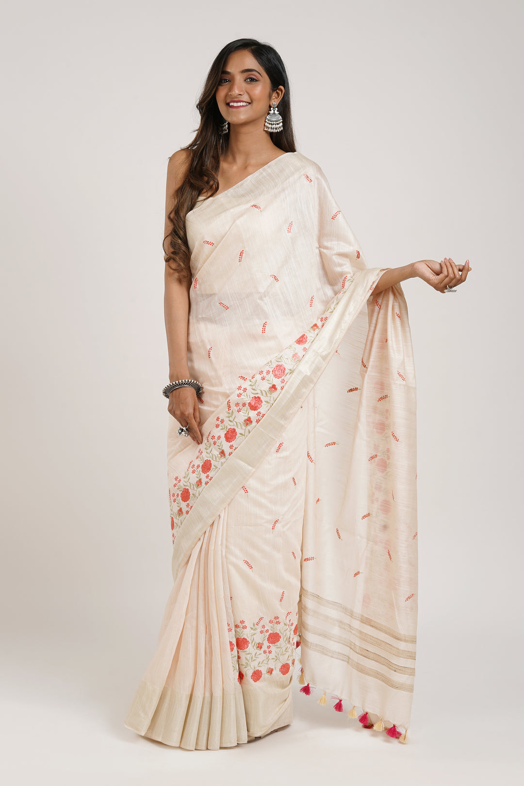 Teejh Batika Cream Pure Silk Linen Saree with Blouse Piece
