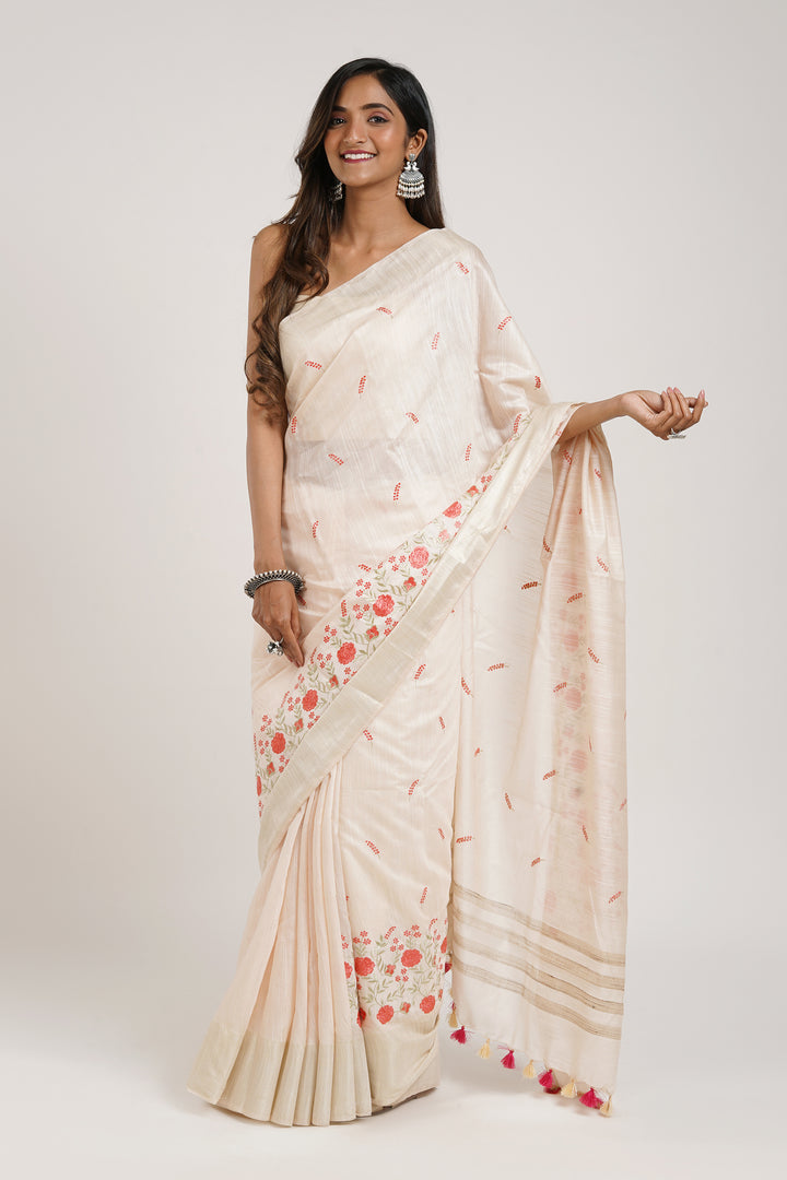 Teejh Batika Cream Pure Silk Linen Saree with Blouse Piece