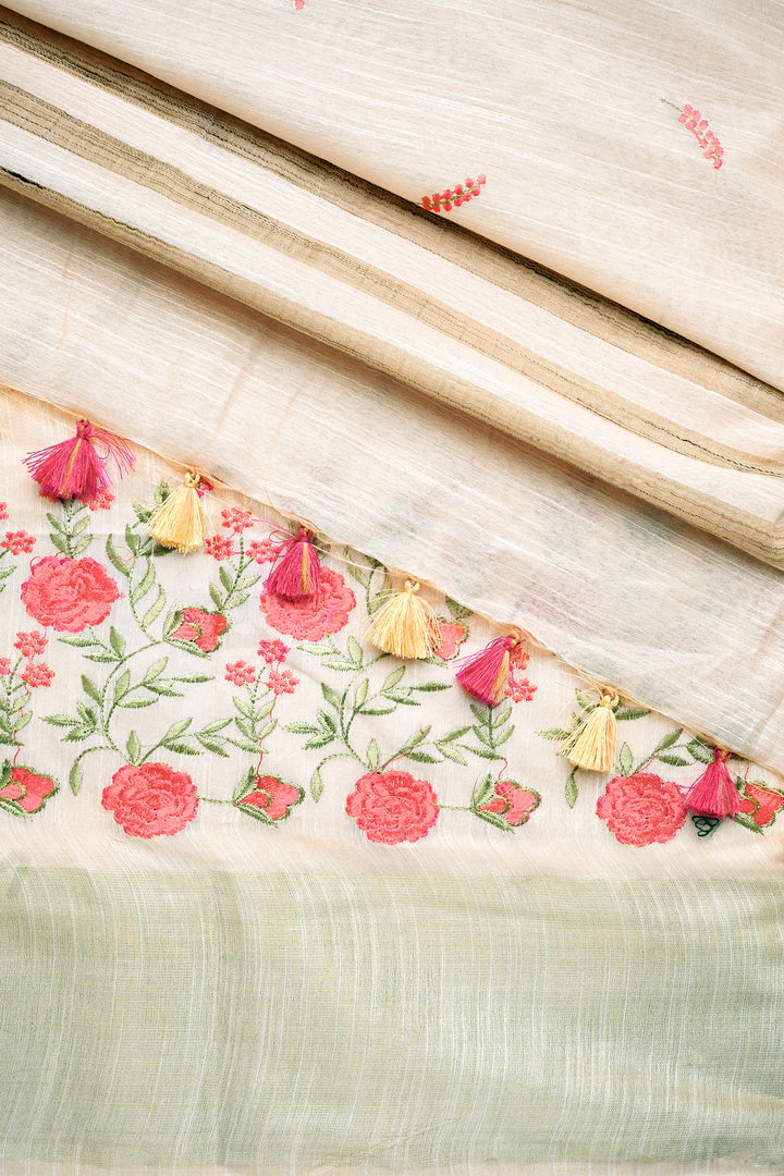 Teejh Batika Cream Pure Silk Linen Saree with Blouse Piece