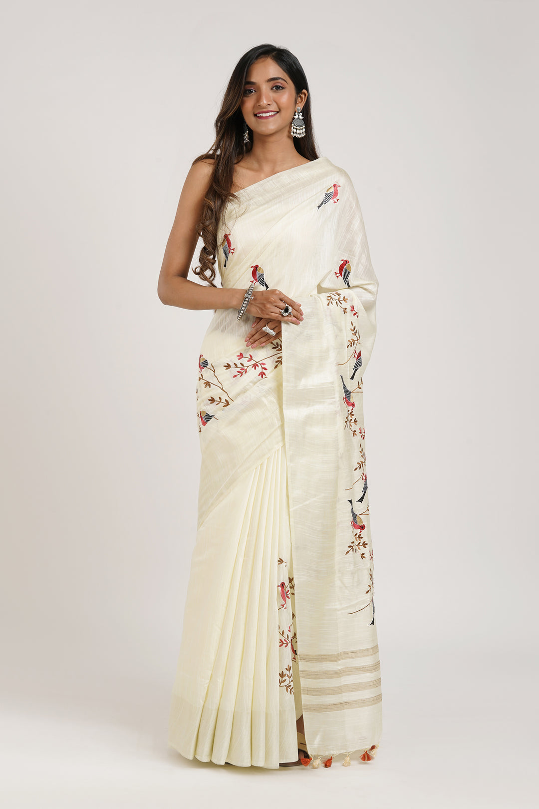 Teejh Taarakini Off White Pure Silk Linen Saree with Blouse Piece
