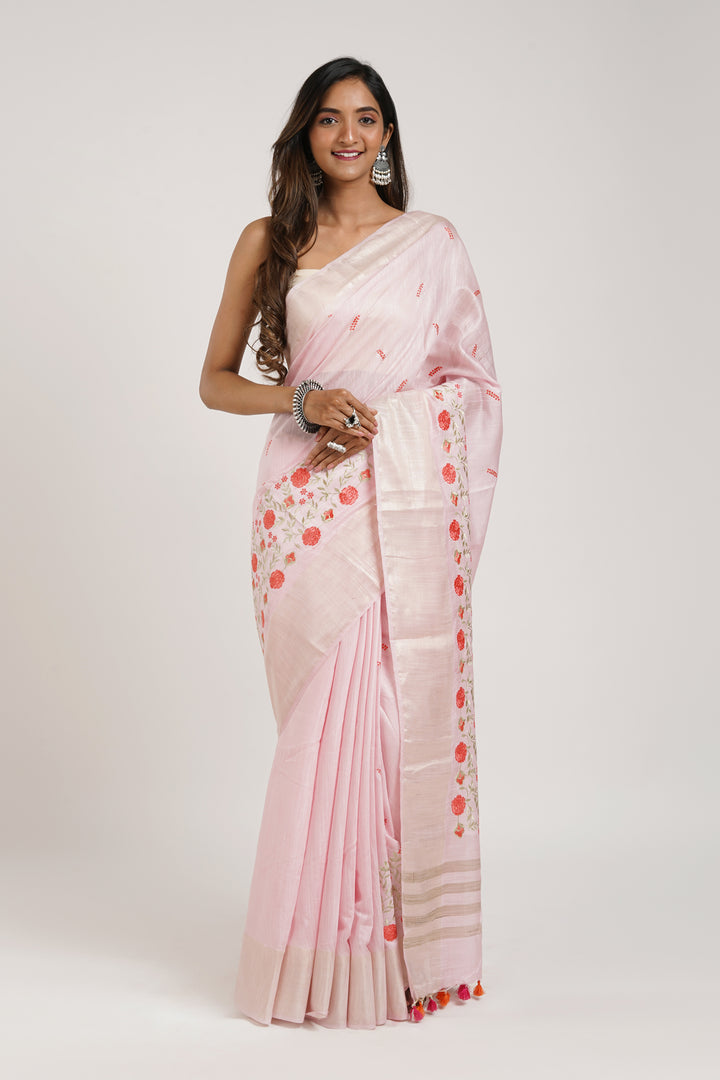 Teejh Keya Pink Pure Silk Linen Saree With Blouse Piece