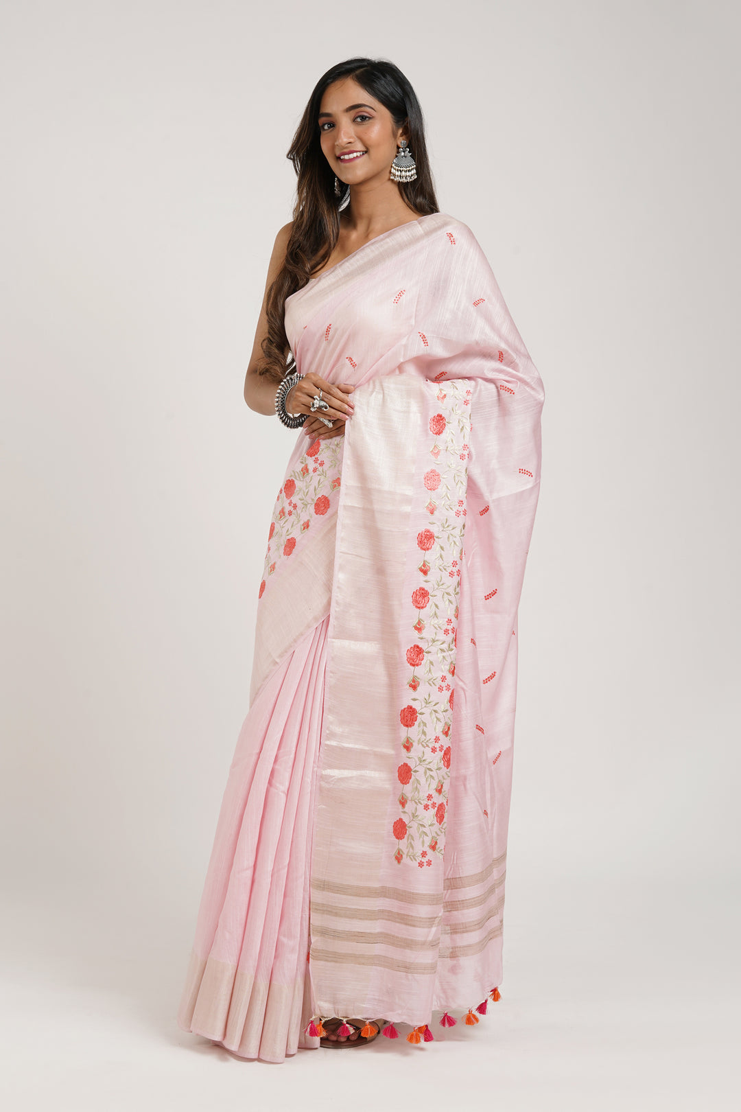 Teejh Keya Pink Pure Silk Linen Saree With Blouse Piece
