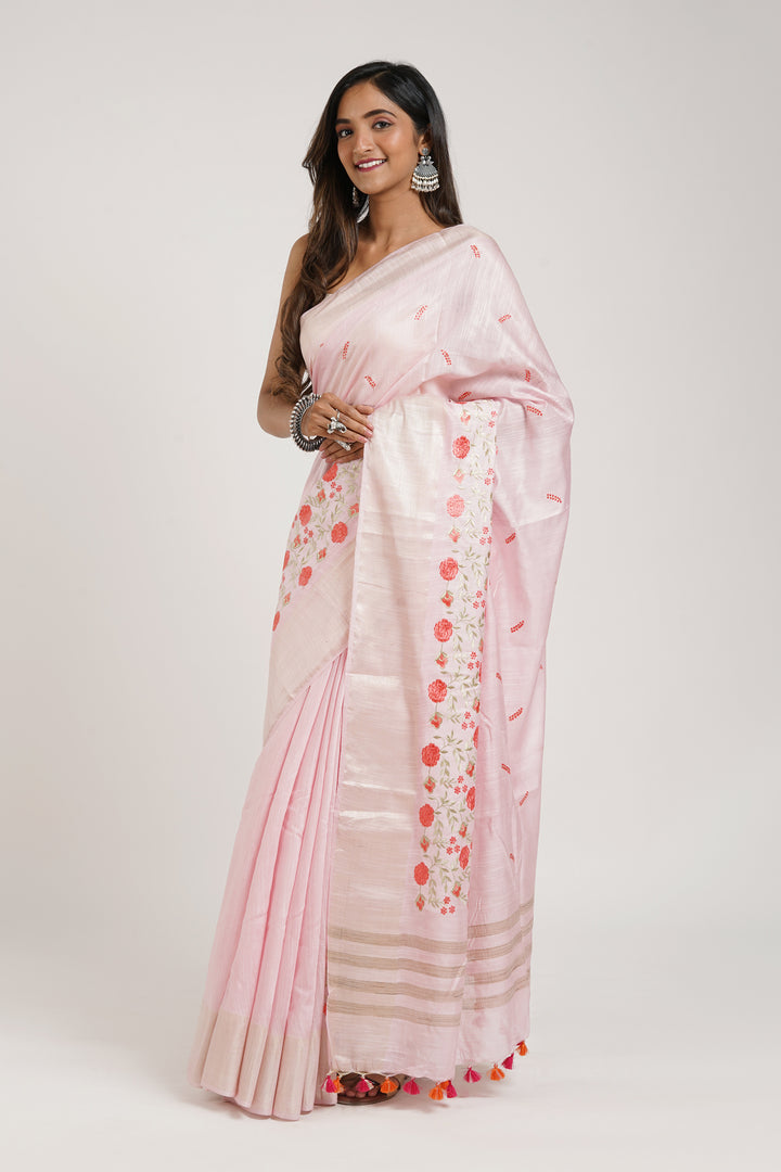 Teejh Keya Pink Pure Silk Linen Saree With Blouse Piece