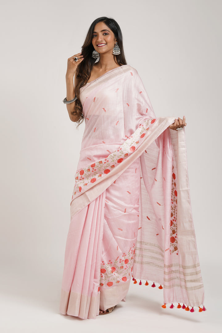 Teejh Keya Pink Pure Silk Linen Saree With Blouse Piece