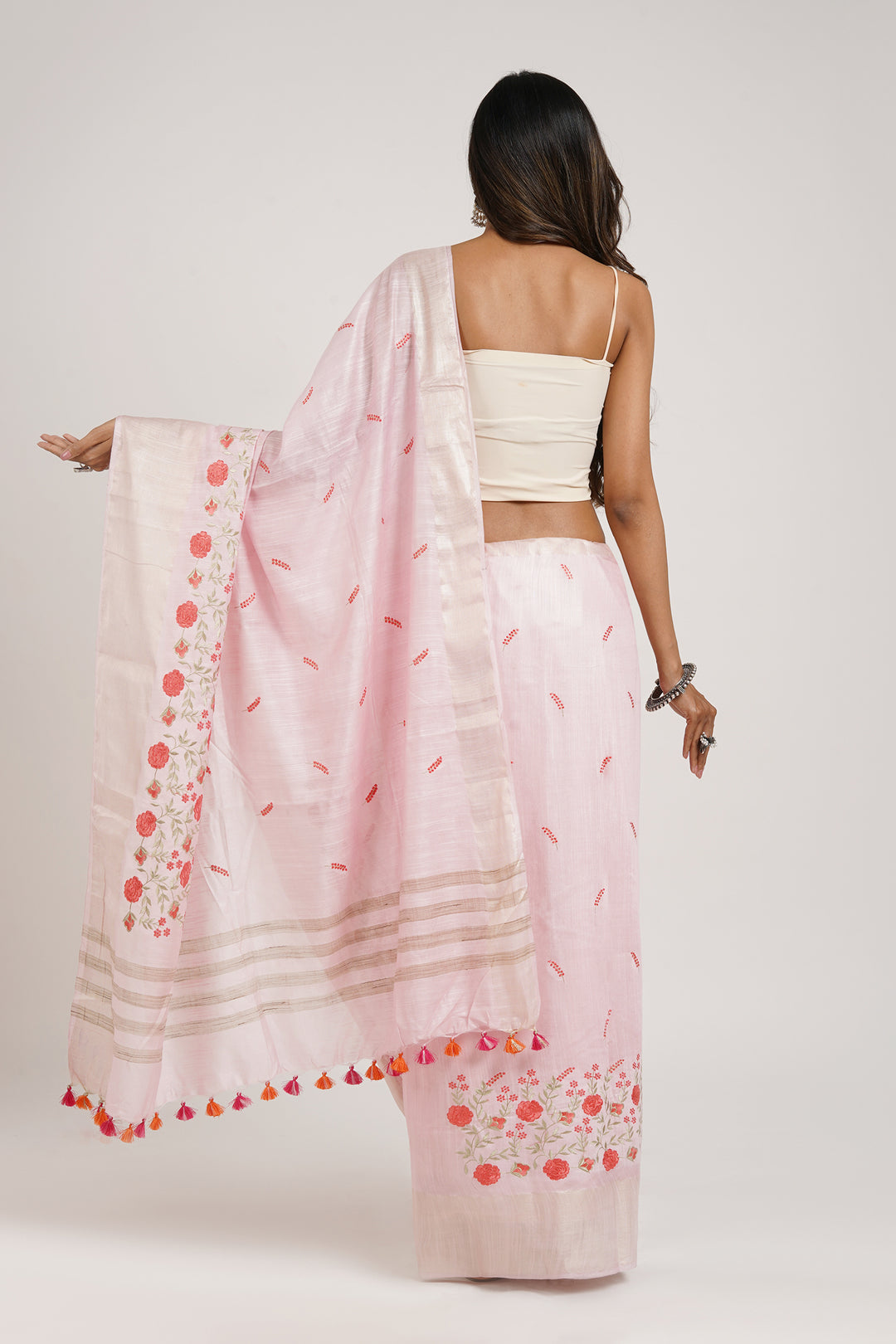 Teejh Keya Pink Pure Silk Linen Saree With Blouse Piece