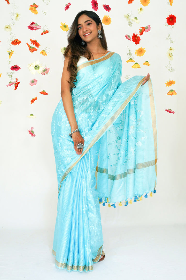Teejh Khula Aasmaan Blue Kota Floral Saree with Blouse piece
