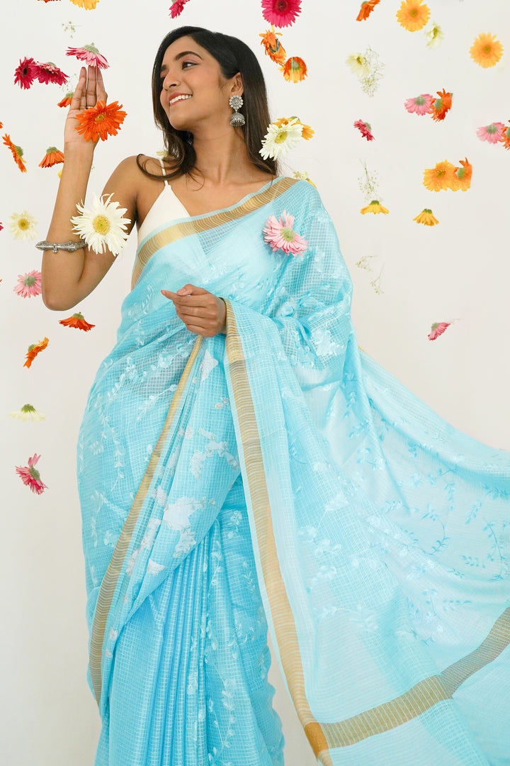 Teejh Khula Aasmaan Blue Kota Floral Saree with Blouse piece