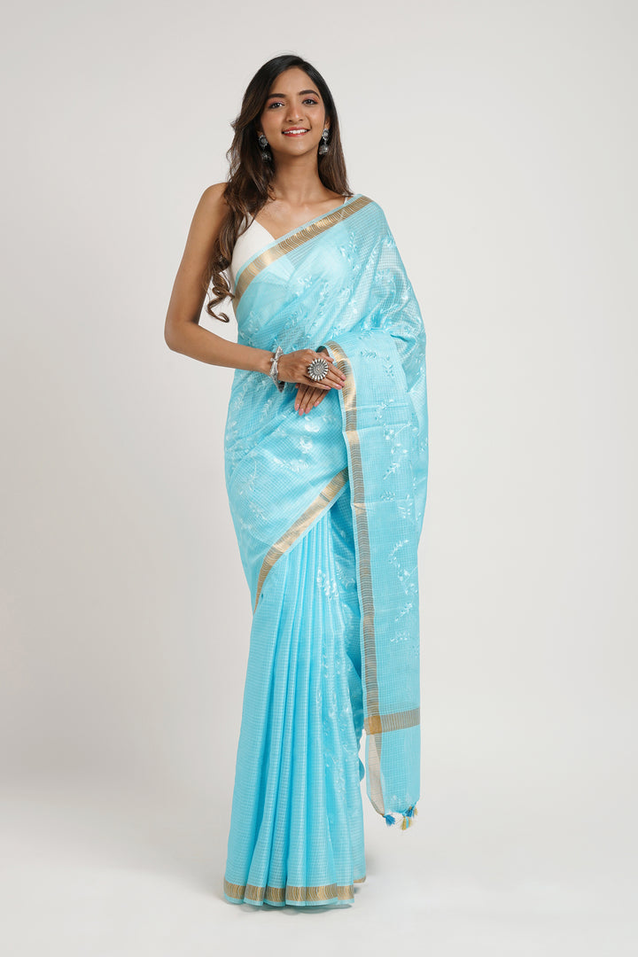 Teejh Khula Aasmaan Blue Kota Floral Saree with Blouse piece