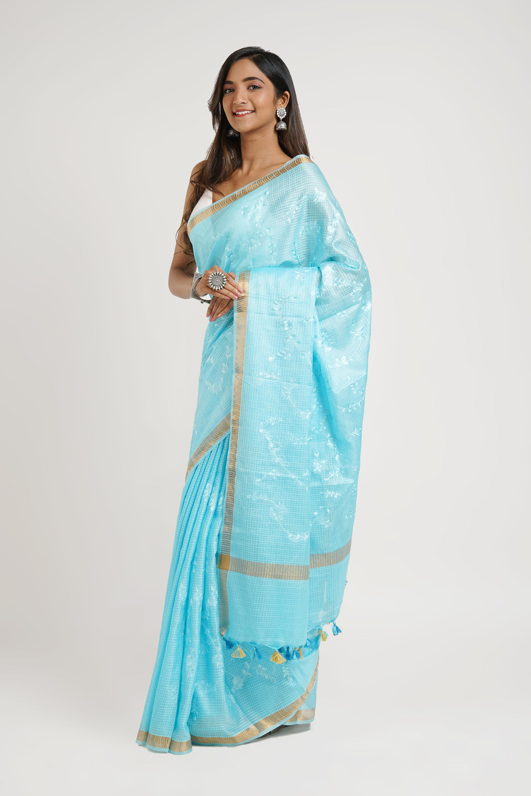 Teejh Khula Aasmaan Blue Kota Floral Saree with Blouse piece