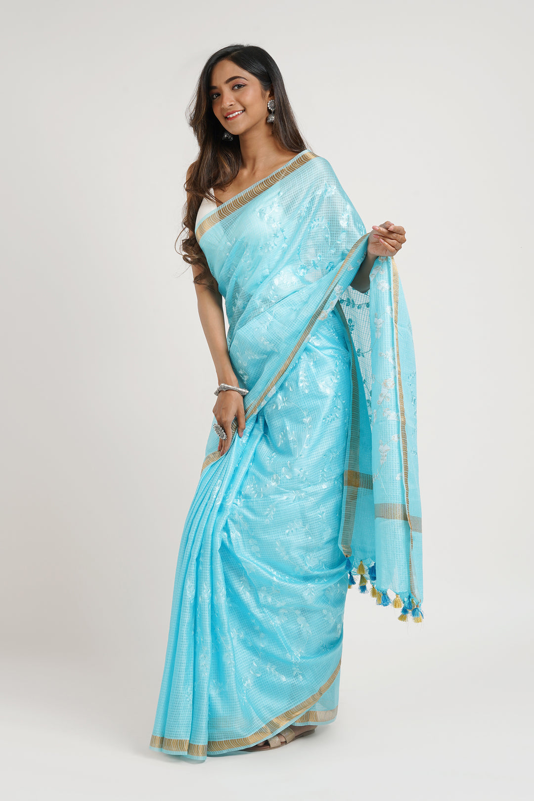 Teejh Khula Aasmaan Blue Kota Floral Saree with Blouse piece