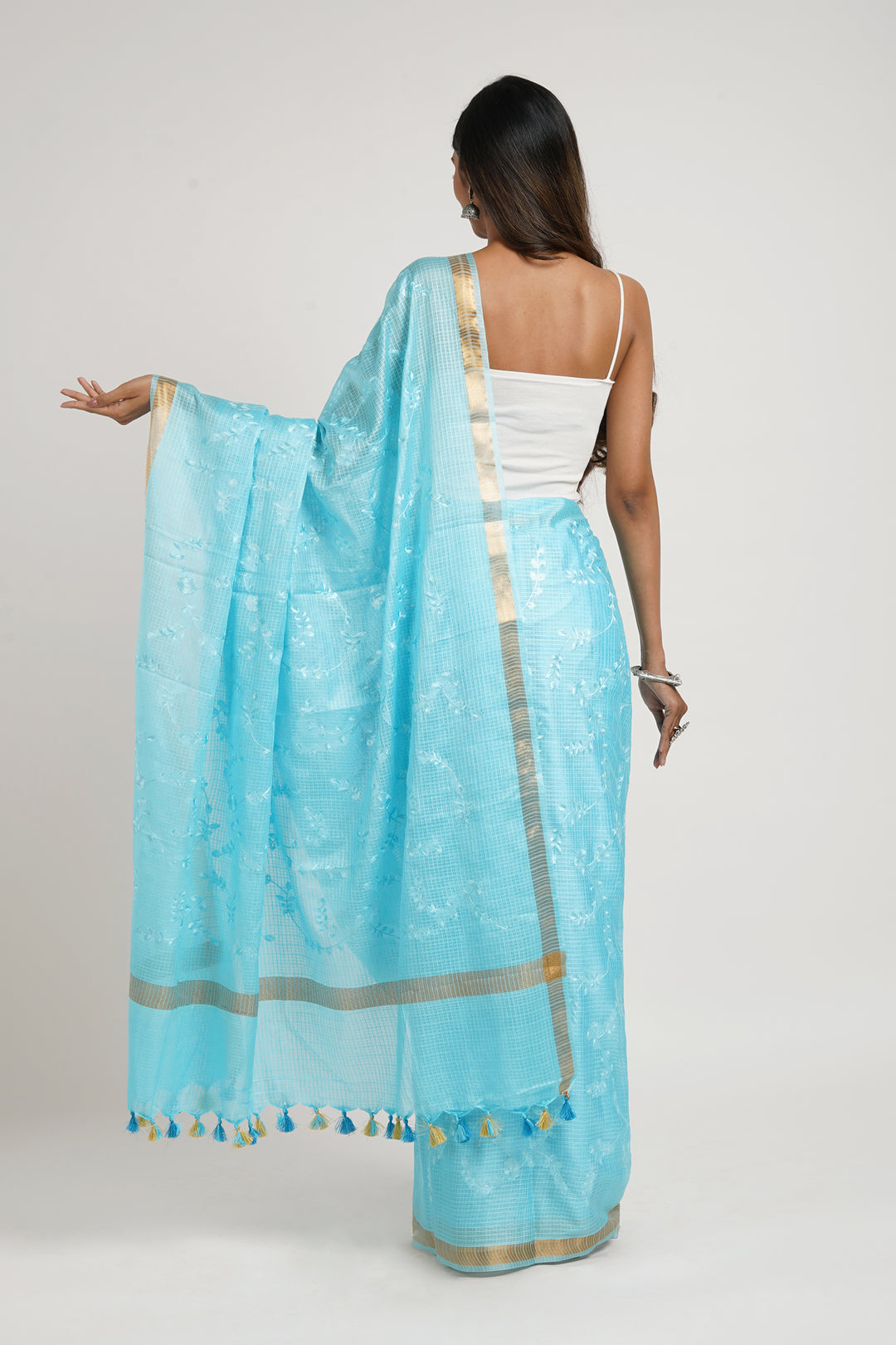 Teejh Khula Aasmaan Blue Kota Floral Saree with Blouse piece