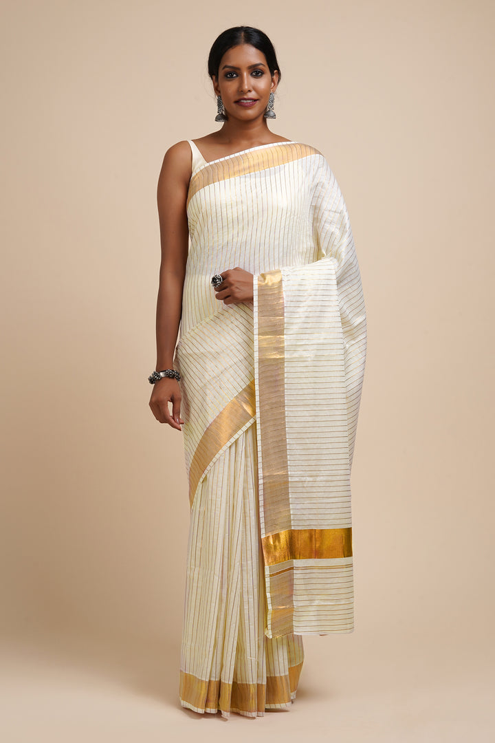 Teejh Madhavi White and Gold Kerala Cotton Kasavu Saree