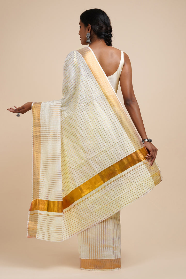 Teejh Madhavi White and Gold Kerala Cotton Kasavu Saree