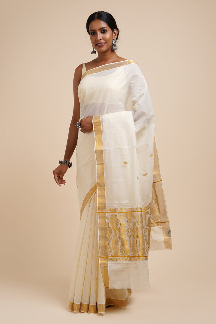 Teejh Kalleshwari White and Gold Kerala Cotton Kasavu Saree