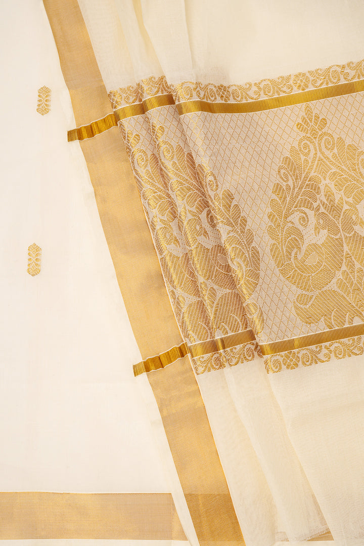 Teejh Arandhini White and Gold Kerala Cotton Kasavu Saree